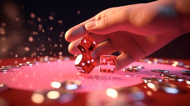 Dealer profesional mariobet89 melakukan pelemparan dadu di studio live dengan pencahayaan berkualitas tinggi